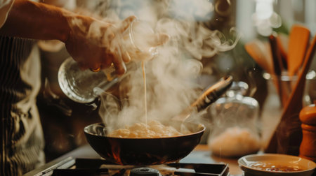 A person pouring batter onto a hot waffle iron, with steam rising and the aroma filling the kitchen.の素材