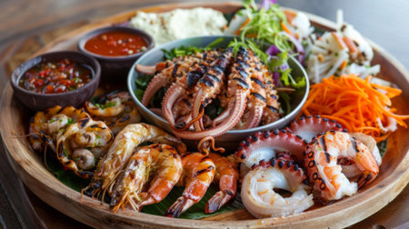 A seafood platter with grilled squid, octopus, shrimp, and fish served with dipping sauces.の素材