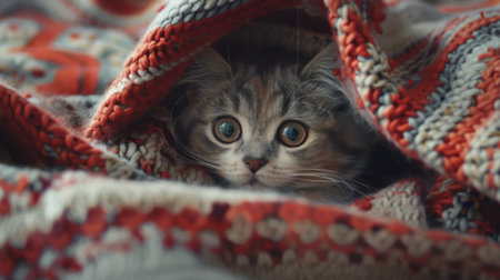 A plump cat peeking out from under a cozy blanket on a cold day.の素材