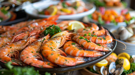 A seafood buffet table with a variety of dishes including grilled salmon, shrimp scampi, and seafood salad.の素材