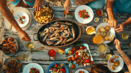 A seafood barbecue party with friends enjoying grilled squid and other dishes outdoors.の素材
