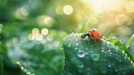 A ladybug crawling on a dewy green leaf in the morning sunlight.の素材