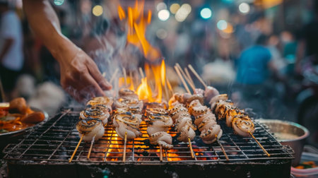 A street food vendor grilling squid on skewers over hot coals at a night market.の素材