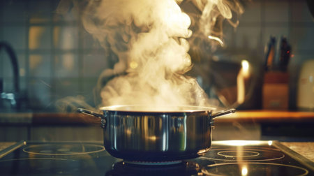 A pot of boiling water on a stove with steam swirling upwards.の素材