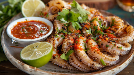 A plate of grilled squid tentacles with spicy dipping sauce and fresh herbs, ready to eat.の素材