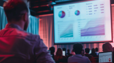 A projector screen displaying a complex graph during a corporate presentation.の素材