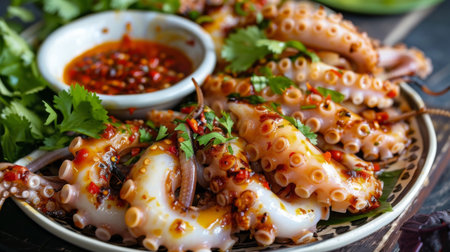 A plate of grilled squid tentacles with spicy dipping sauce and fresh herbs, ready to eat.の素材