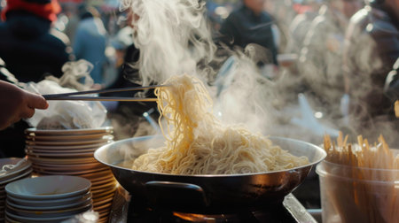 A steaming bowl of noodles being served at a bustling street food marketの素材