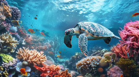 A sea turtle swimming past a coral garden adorned with sea flowers, feeding on algae.の素材