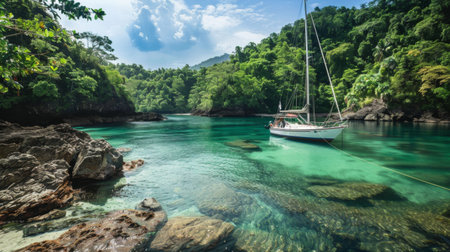 A sailboat anchored near a secluded cove with clear water and lush greenery on the shore.の素材