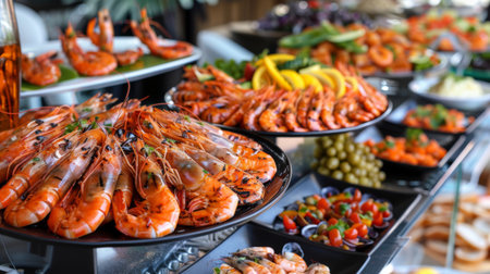 A seafood buffet table featuring a variety of grilled shrimp dishes and accompaniments.の素材