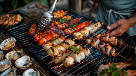 A seafood barbecue with friends enjoying grilled lobster tails, scallops, and skewers.の素材