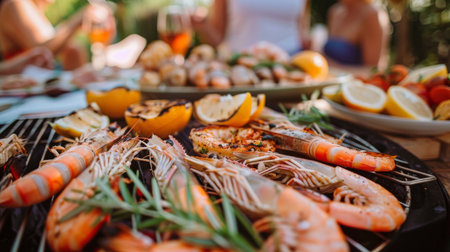 A seafood barbecue party with friends enjoying grilled shrimp and other dishes outdoors.の素材