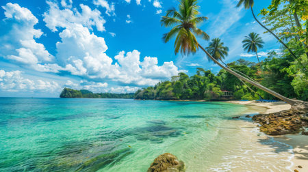 A tropical beach with palm trees and clear turquoise water under a blue sky with fluffy clouds.の素材