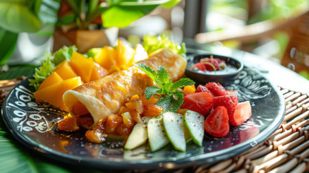 A plate of Roti Sai Mai served with a side of fresh fruits for a refreshing dessert option.の素材
