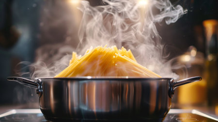 Steam rising from a pot of boiling pasta on a modern induction cooktop.の素材