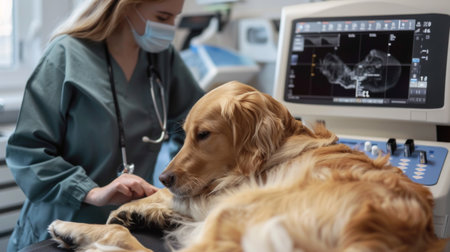 A veterinary specialist conducting an ultrasound examination on a pregnant dog.の素材