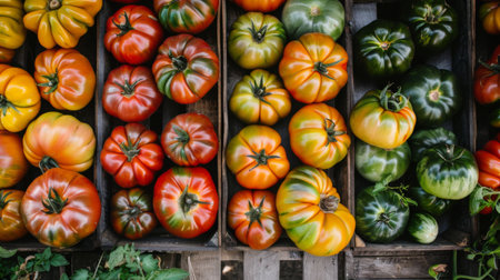 A variety of colorful heirloom tomatoes displayed on a rustic wooden table at a farmers' market.の素材