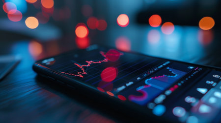 A smartphone displaying stock market graphs and investment trends on a trading appの素材