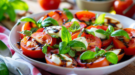 A tomato salad with mozzarella cheese, basil leaves, and balsamic vinegar dressing.の素材