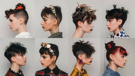A woman with short pixie haircuts showcasing different styles and hair accessories.の素材