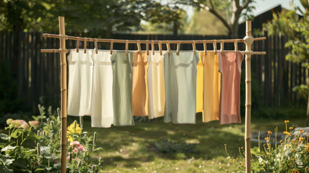An eco-friendly drying rack made from bamboo, with clothes hanging naturally.の素材