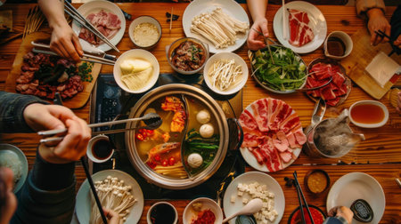 Friends enjoying a cozy hot pot dinner party with a variety of dipping sauces and meats.の素材