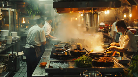 Busy restaurant kitchen with chefs cooking on multiple stovetops with pans.の素材