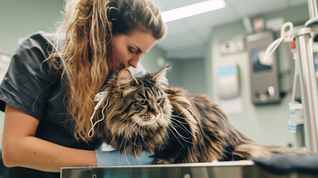 A vet tech grooming a fluffy cat in a veterinary clinic grooming room.の素材