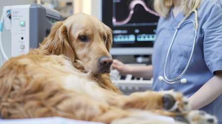 A veterinary specialist conducting an ultrasound examination on a pregnant dog.の素材