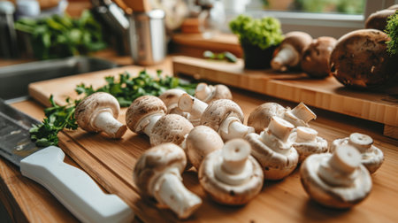 Close-up of freshly harvested edible mushrooms arranged on a wooden cutting board.の素材