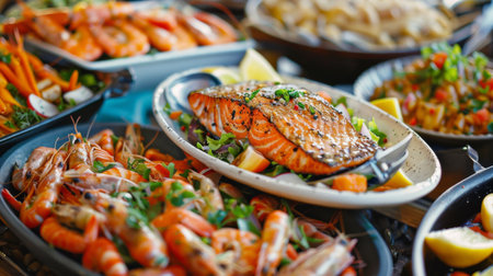 A seafood buffet table with a variety of dishes including grilled salmon, shrimp scampi, and seafood salad.の素材