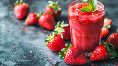 Freshly blended strawberry juice in a glass with whole strawberries around.の素材