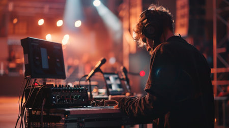 An audio technician setting up microphones on a stage for a live event.の素材