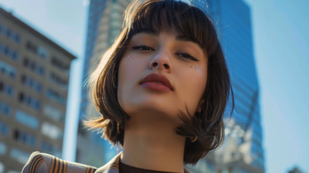 A young woman with a chic bob haircut posing confidently against a city skyline.の素材