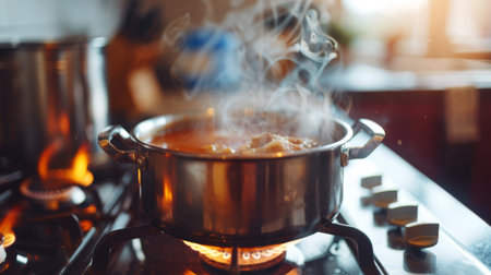 Close-up of a boiling pot of soup on a gas stove in a cozy kitchen.の素材