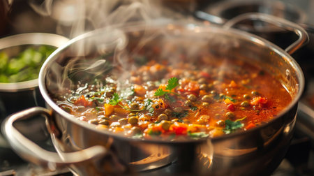 Pot of simmering curry with spices and herbs bubbling in a rustic kitchen.の素材