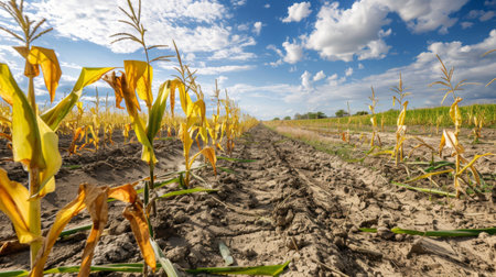 Drought conditions affecting farmland, with parched soil and wilted crops due to global warming.の素材