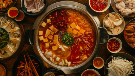 A traditional Chinese hot pot with a variety of dipping sauces and tofu options.の素材