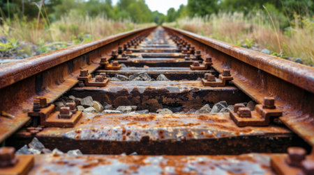 Close-up of rusty train tracks disappearing into the horizon, symbolizing endless travel possibilities.の素材