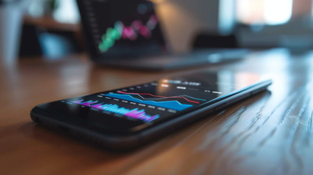 A business graph showing a rising trend, displayed on a smartphone screen.の素材