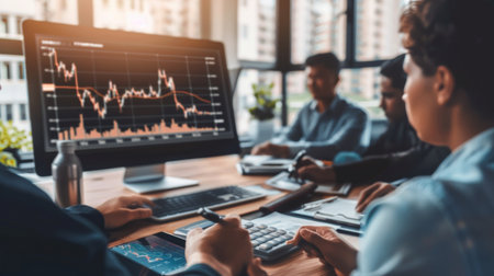 A business meeting with participants examining a stock market graph on a projector screen.の素材