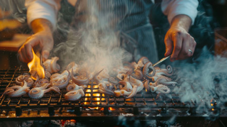 A chef grilling squid over an open flame on a barbecue grill, with smoke rising in the background.の素材