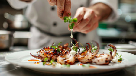 A chef garnishing grilled squid with microgreens and drizzling sauce on a white plate.の素材