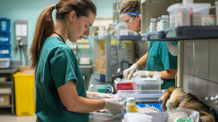 A veterinarian and assistant preparing medications for a patient in a veterinary hospital.の素材
