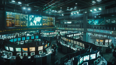 A busy trading floor with monitors displaying live stock market graphs and news tickers.の素材