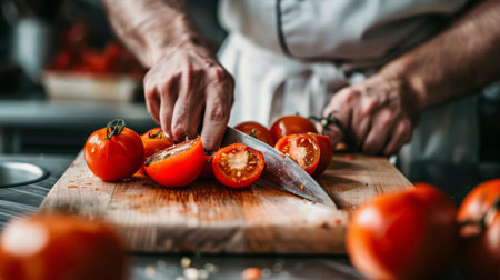 A chef slicing juicy tomatoes with a sharp knife on a cutting board in a kitchen.の素材