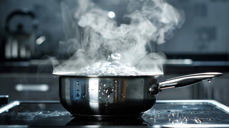 A pot of boiling water on a stove with steam swirling upwards.の素材