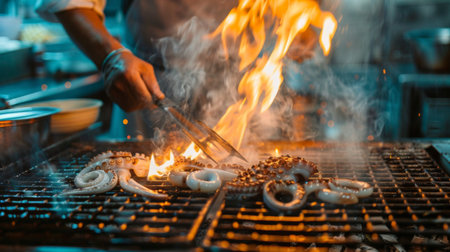 A chef grilling squid over an open flame on a barbecue grill, with smoke rising in the background.の素材