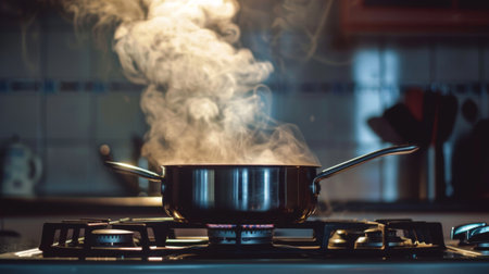 A pot of boiling water on a stove with steam swirling upwards.の素材